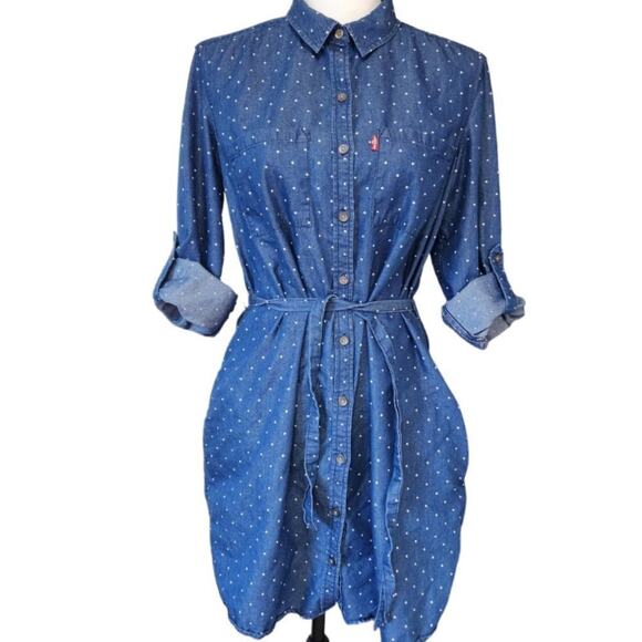 Levi's Polka Dot Denim Button‎ Up Mini Dress Size M - Picture 2 of 9